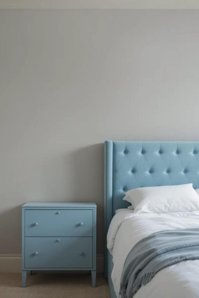 bedroom with a bold light blue upholstered headboard and matching dresser.