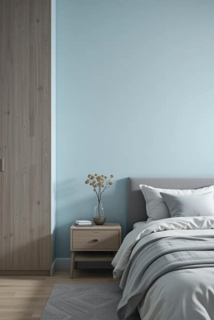 bedroom featuring a light blue accent wall paired with gray bedding.