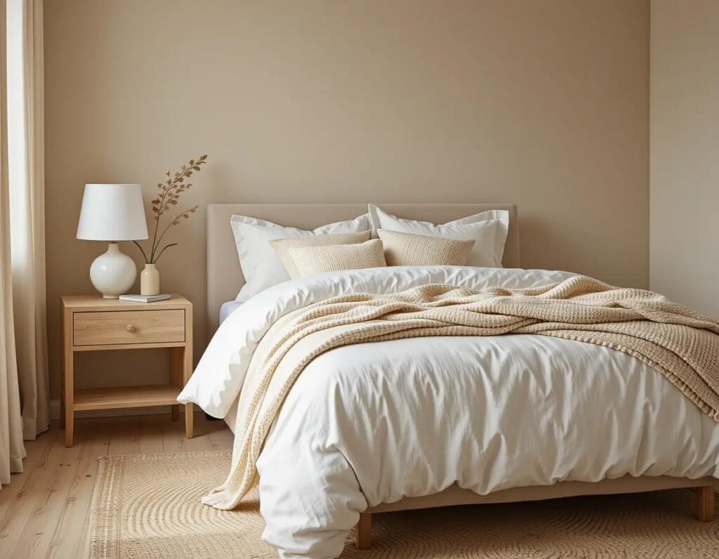 bedroom with soft natural lighting. Walls are painted in a warm neutral tone.