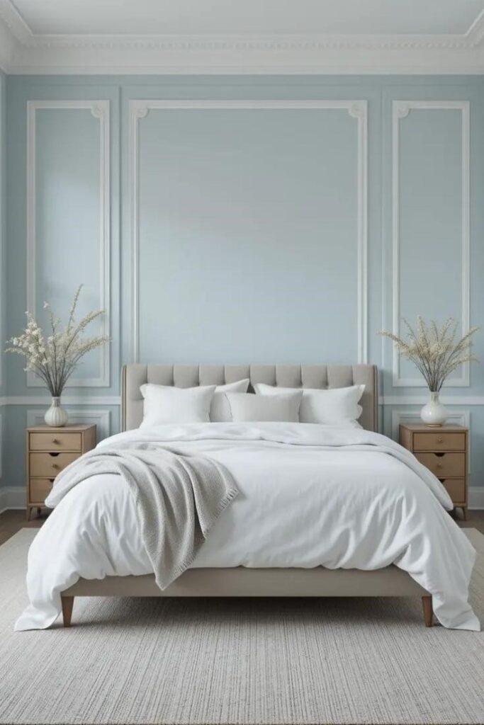 a serene bedroom with soft light blue walls and crisp white trim and a bed with white linens for a light blue bedroom.