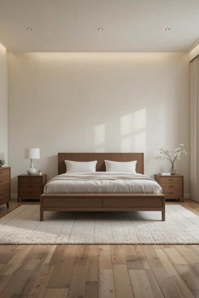 minimalist bedroom with furniture.