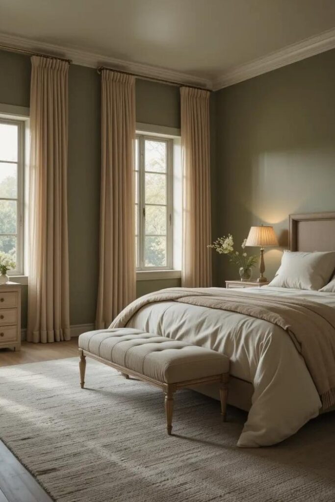 bedroom with olive green walls, cream-colored bedding, and beige curtains.