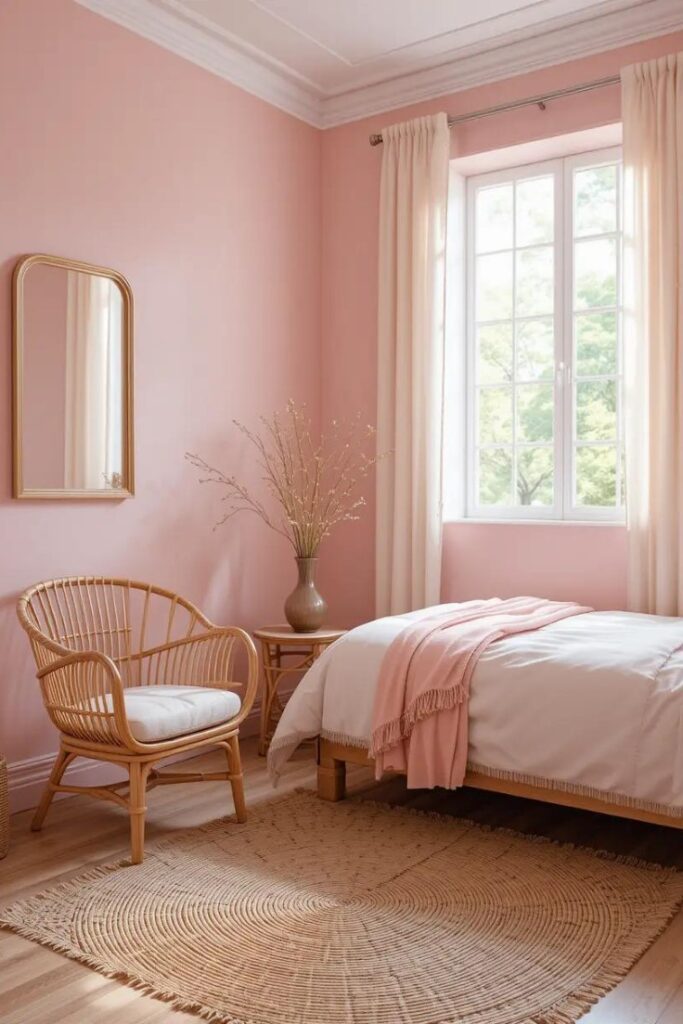 a bedroom with pastel pink walls, rattan furniture, a jute rug, and wooden accents.