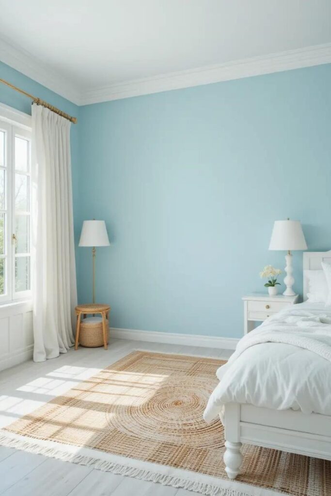  coastal-themed bedroom with light blue walls, white furniture.