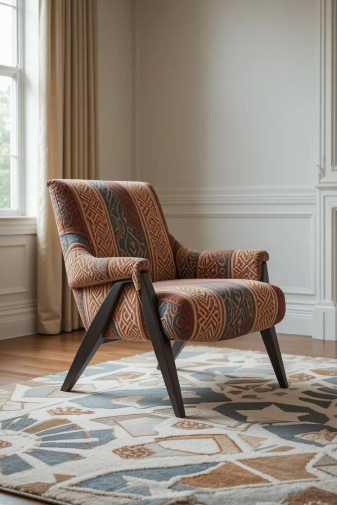 An occasional accent chair with a frame and bold patterned upholstery.