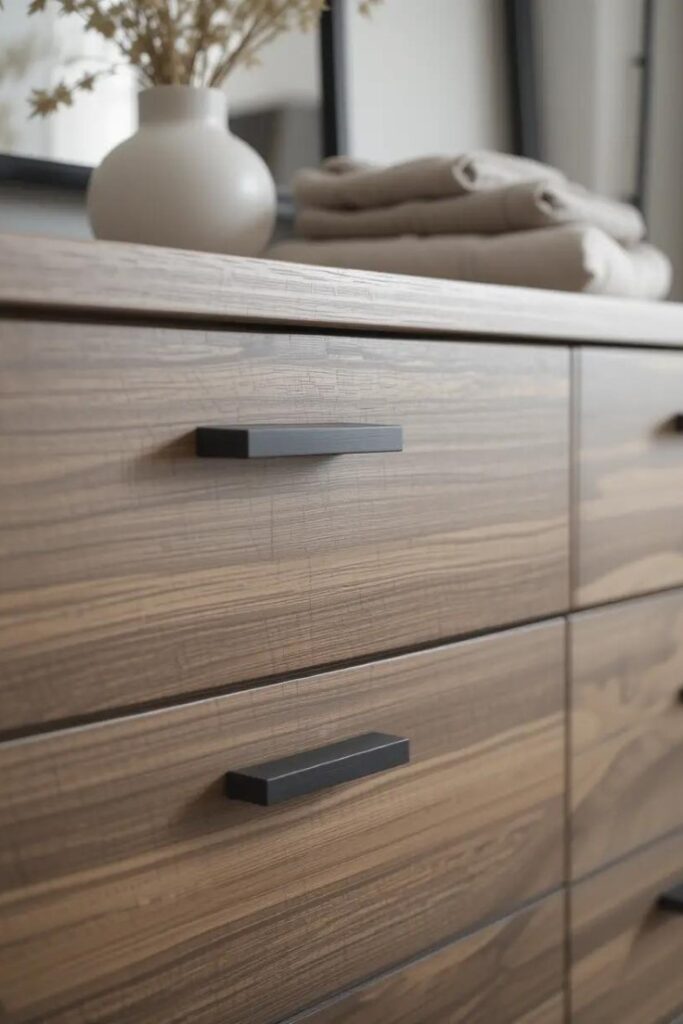 matte black drawer pulls on a wooden dresser.