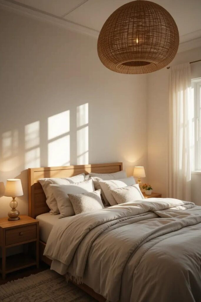 bedroom featuring layered lighting: a woven pendant light above and soft bedside lamps