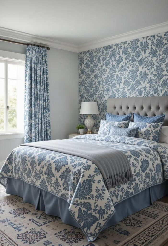  bedroom with blue and white patterned bedding, curtains, and rug.