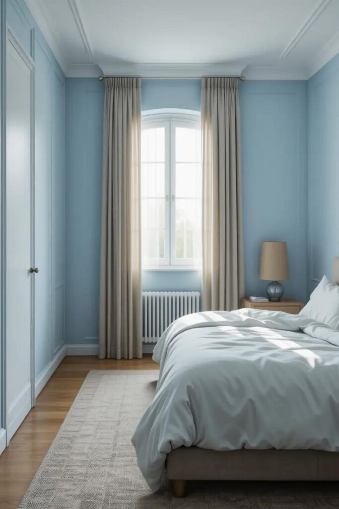 minimalist bedroom featuring light blue walls, clean lines.