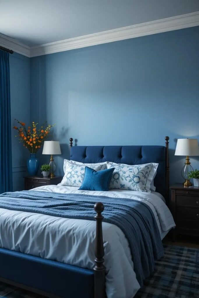 a bedroom with a navy blue bed frame and light blue wall.