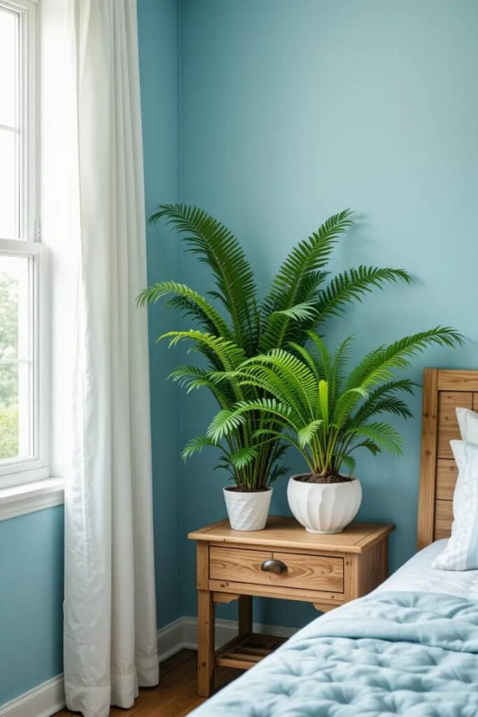a bedroom with light blue walls and 2 plants on a wooden nightstand.
