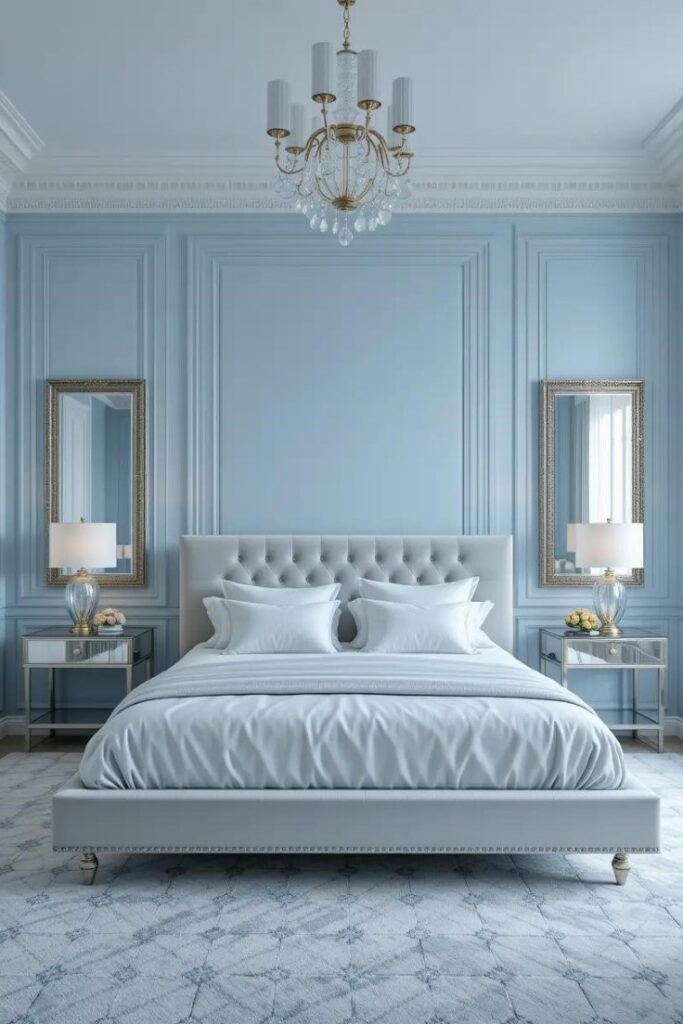 bedroom with light blue walls complemented by silver accents.