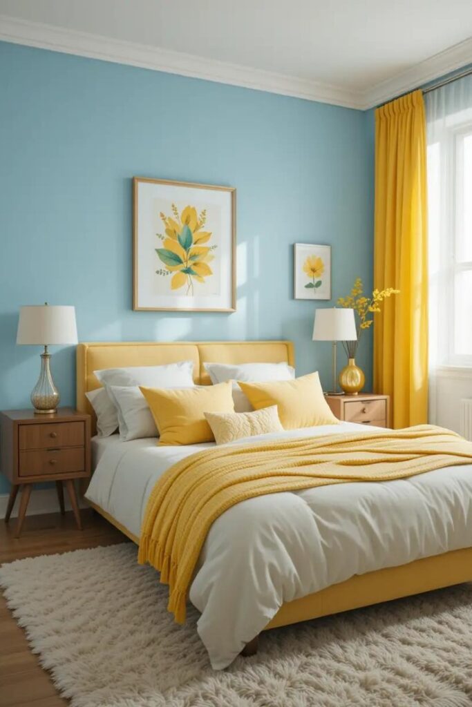 bedroom with light blue walls and yellow accent pieces.