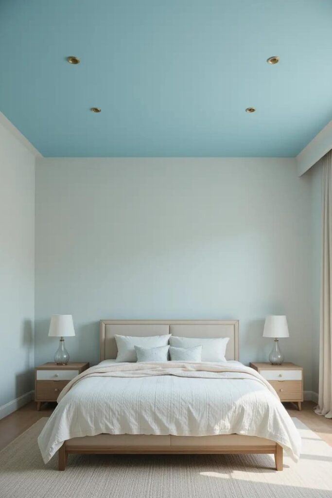 bedroom with light blue ceiling.