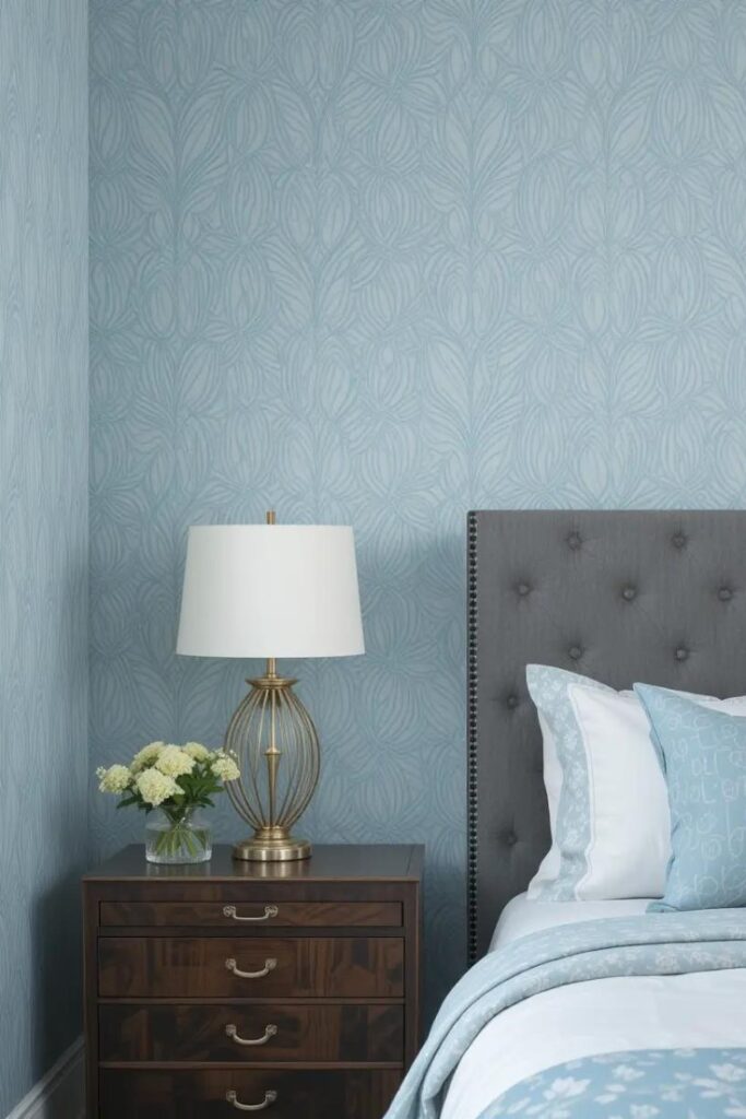 A bedroom with an accent wall featuring patterned light blue wallpaper.