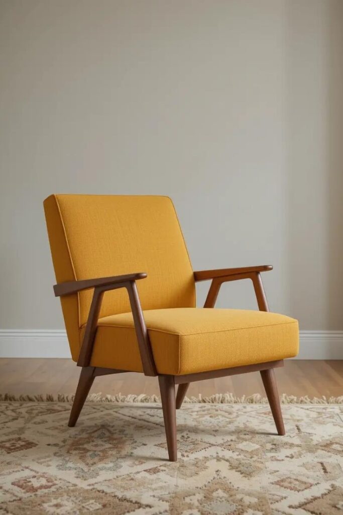 A mid-century modern accent chair with tapered walnut legs and mustard-colored fabric.