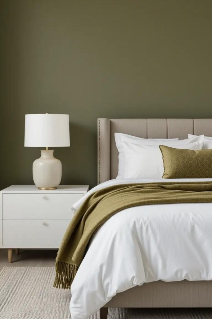 minimalist bedroom with olive green walls, low-profile furniture, white linens, olive green throw blanket.