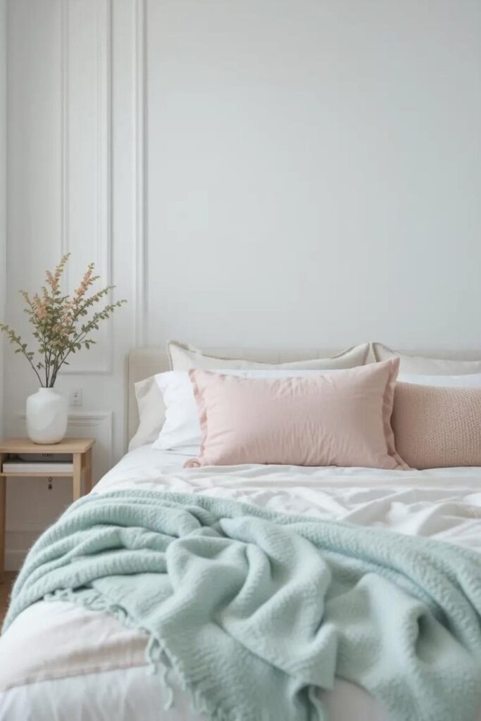 minimalist bedroom with white walls and a few pastel accents.