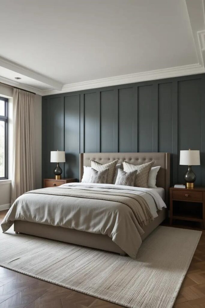 A modern bedroom with a feature wall behind the bed for a bedroom refresh.
