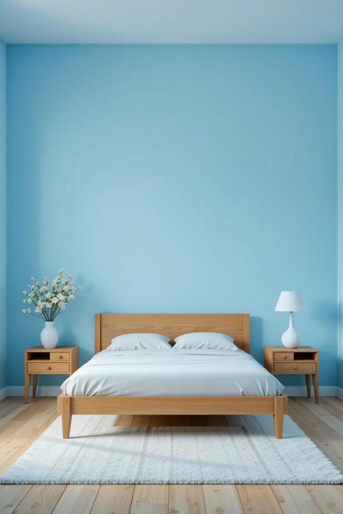 bedroom featuring light blue walls complemented by natural wood furniture.