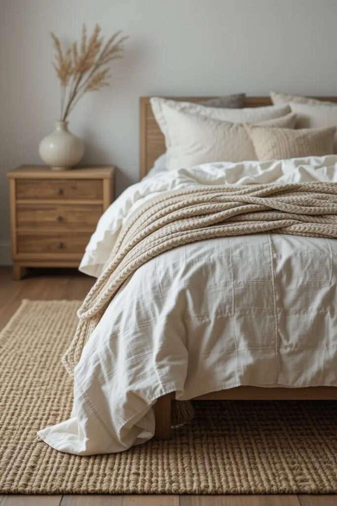 A neutral bedroom showcasing layered textures such as a woven jute rug, a knitted throw, and wooden furniture.