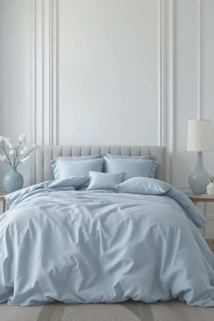 neutral bedroom with white walls and light blue bedding.