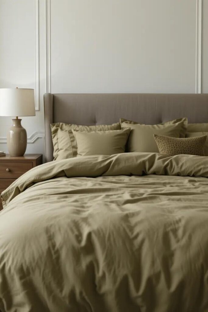 neutral bedroom with a layered olive green bedding set.