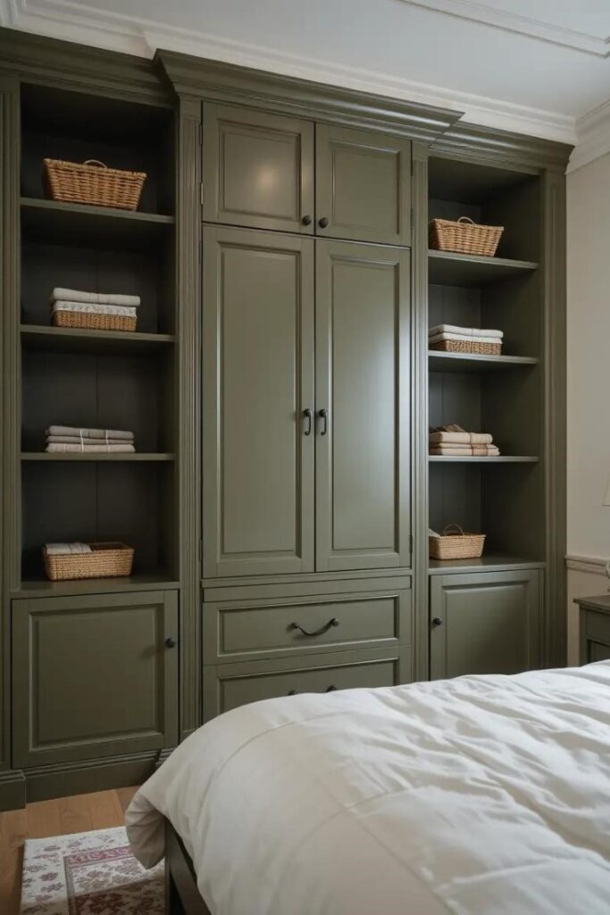 bedroom with custom olive green built-in wardrobes and open shelving.