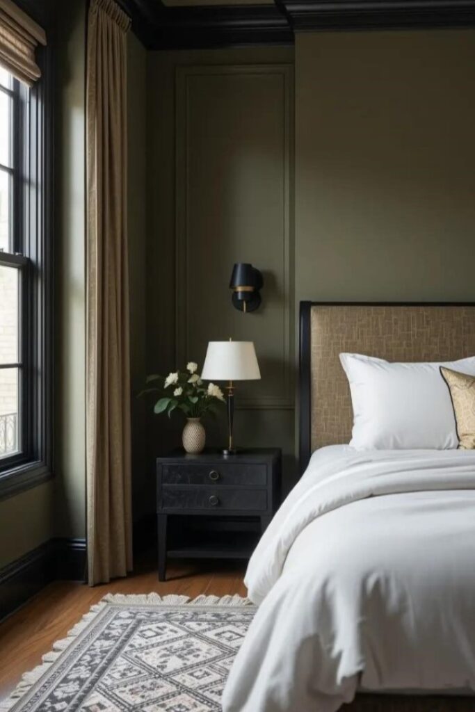 modern bedroom with olive green walls and black accents including the bed frame and wall sconces.