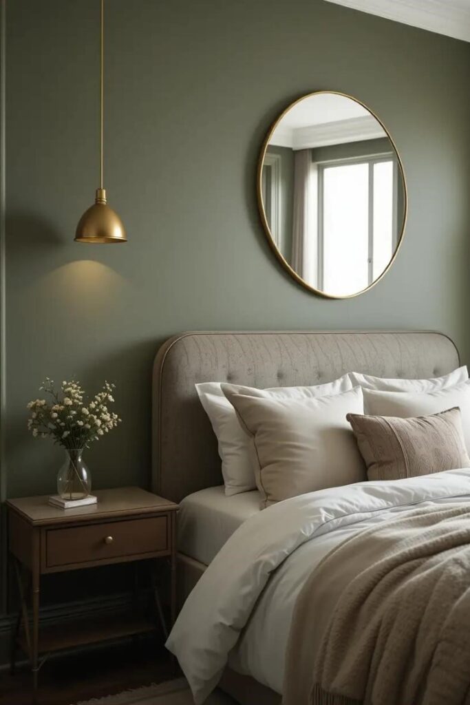 olive green bedroom with gold pendant lights and gold mirror frame.