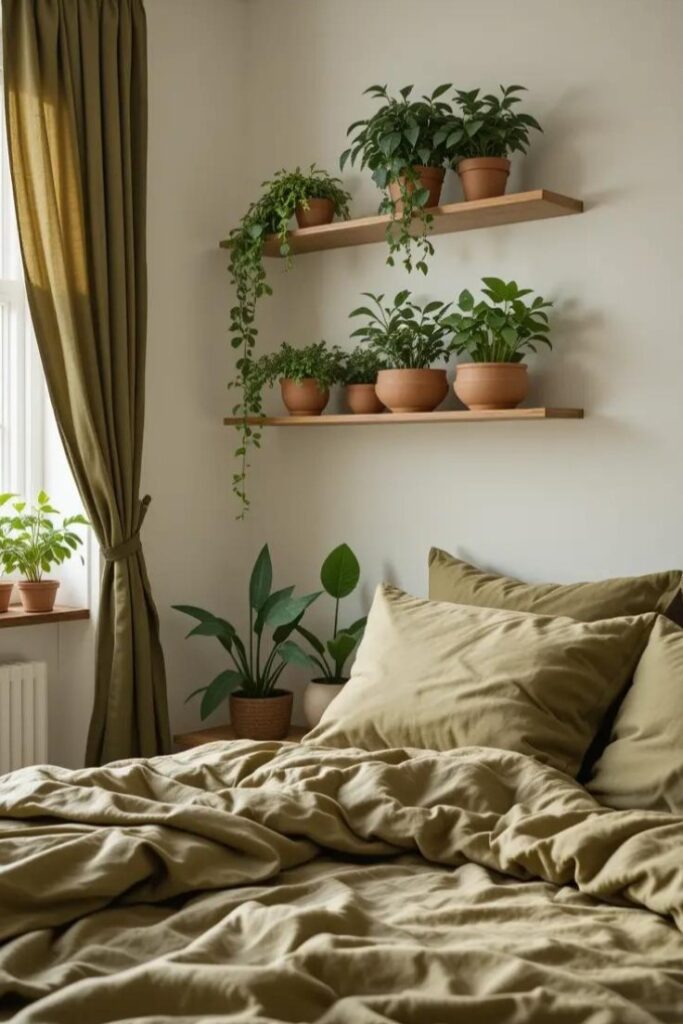 bedroom with olive green bedding and multiple indoor plants.
