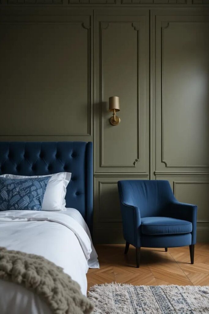 bedroom with olive green walls and navy blue furniture like a headboard and armchair.