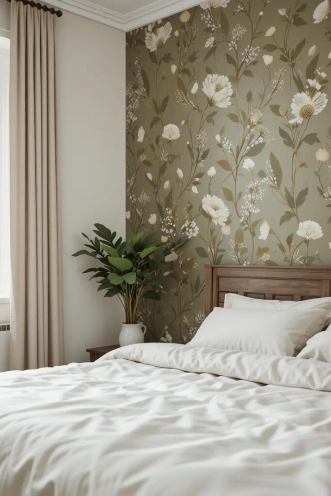 A bedroom with one wall covered in olive green botanical patterned wallpaper.