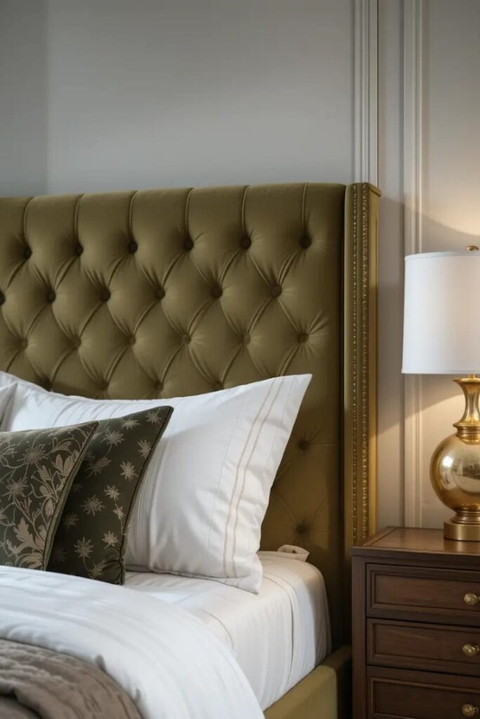 bedroom featuring a plush olive green upholstered headboard, light gray walls, white bedding, and gold accent lamps on wood nightstands.