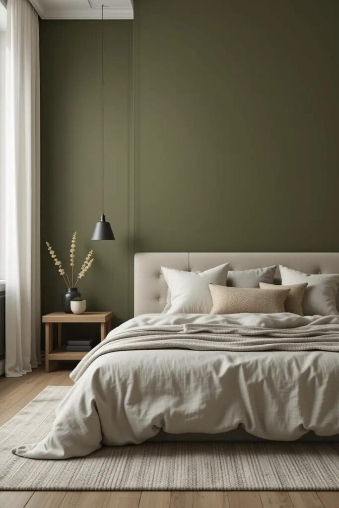 modern bedroom with olive green wall and a neutral bed.
