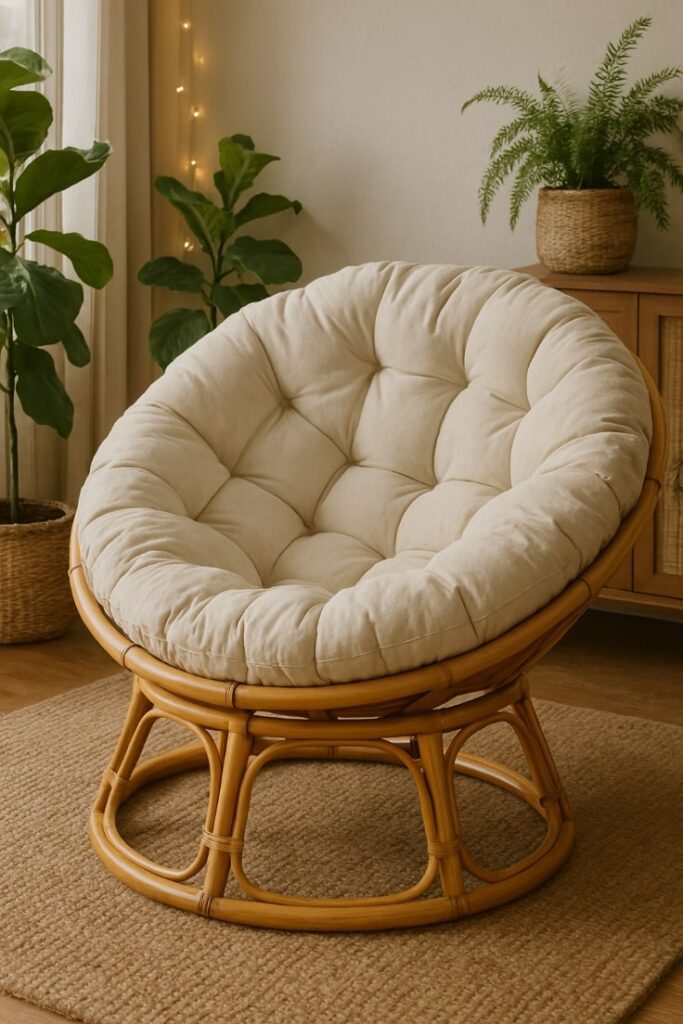 A cozy papasan chair with a rattan base and oversized cream cushion, in a living room filled with greenery.