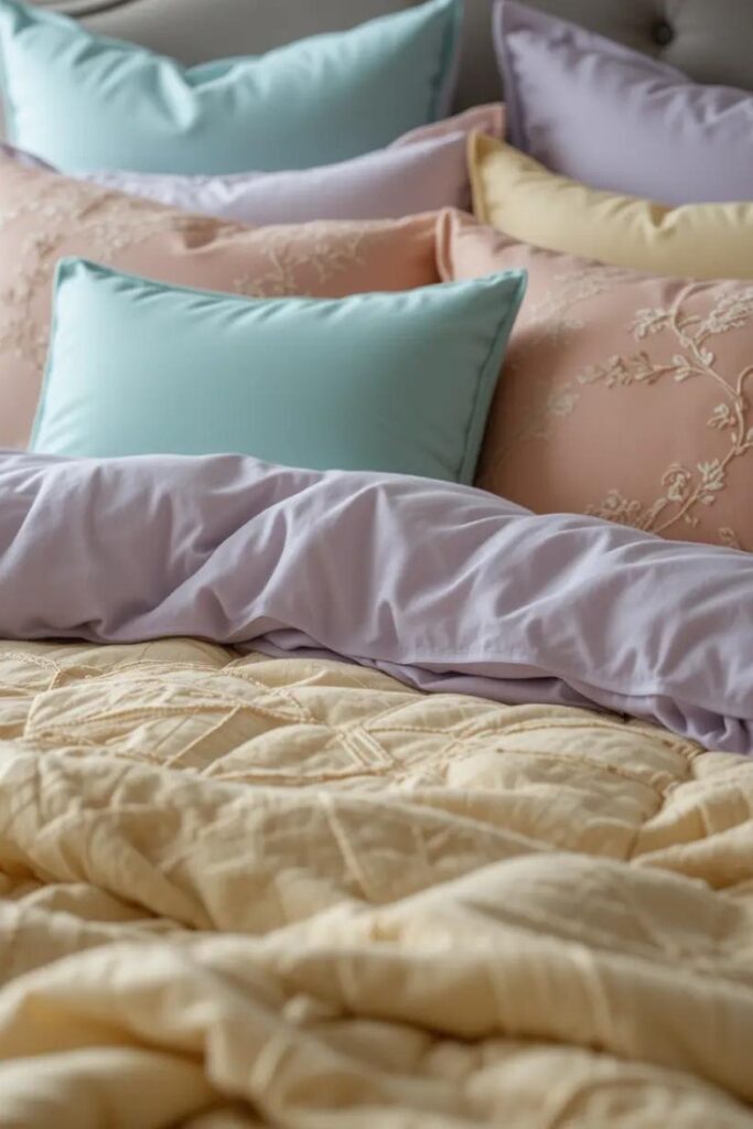 A bed with pastel bedding.