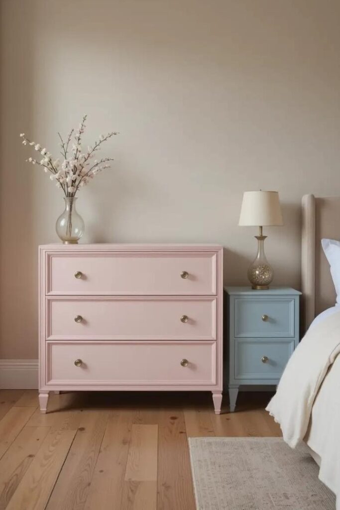 A neutral-toned bedroom with a statement blush pink dresser and a pale blue nightstand.