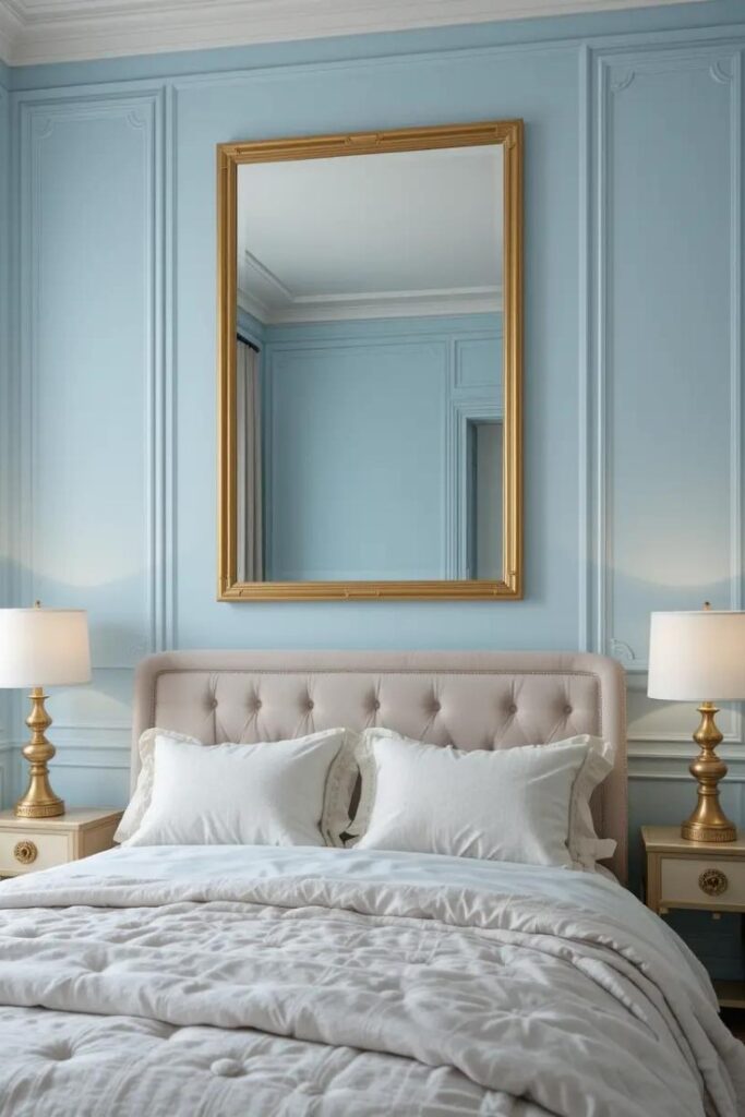 A pastel bedroom with soft blue walls, gold-framed mirror, and metallic accents in lamps.
