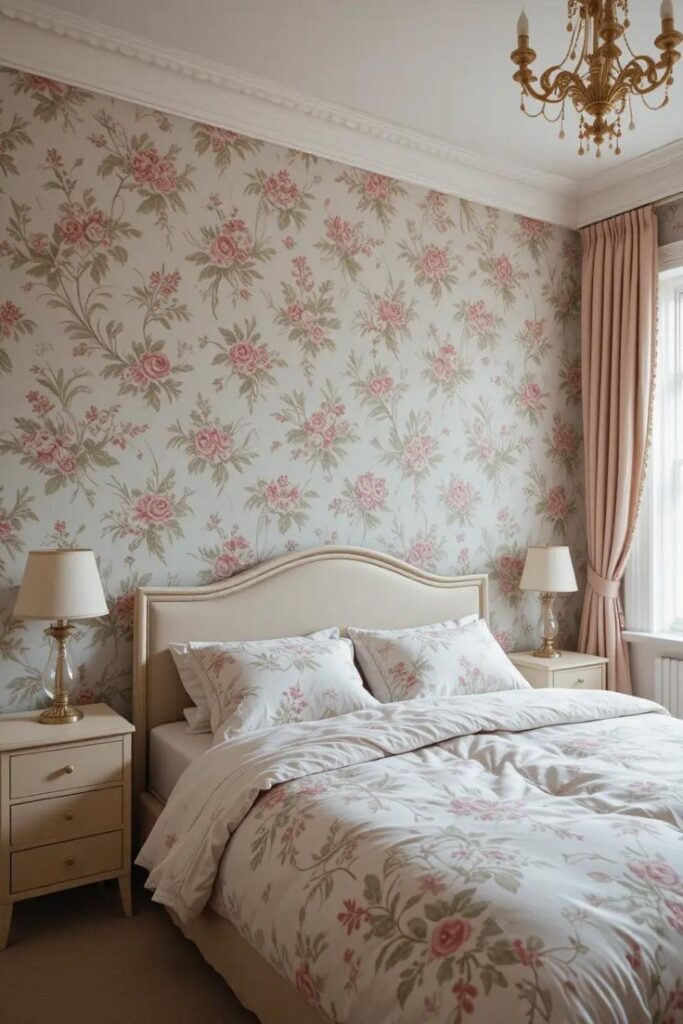 A pastel bedroom featuring floral-patterned wallpaper in muted pinks and greens.