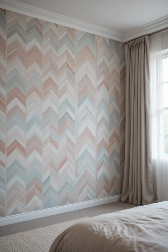 bedroom with pastel geometric wallpaper.