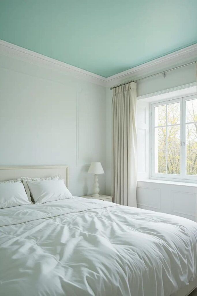 bedroom with white walls and a pastel mint green ceiling.
