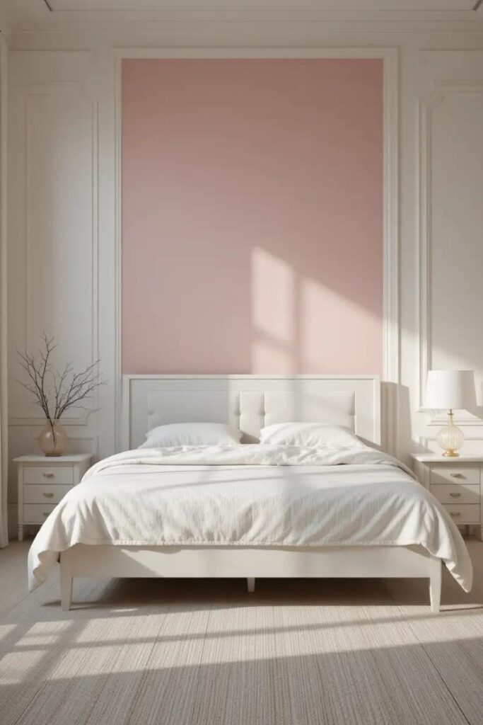 bedroom with a pale pink accent wall behind a white bed frame.