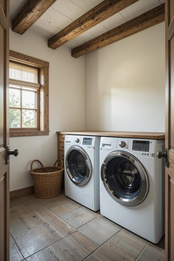 Rustic laundry room with exposed reclaimed wood ceiling beams.