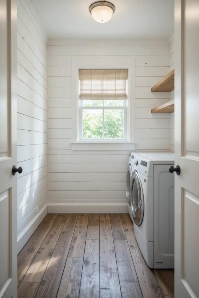 Rustic laundry room with white shiplap walls, wooden flooring.