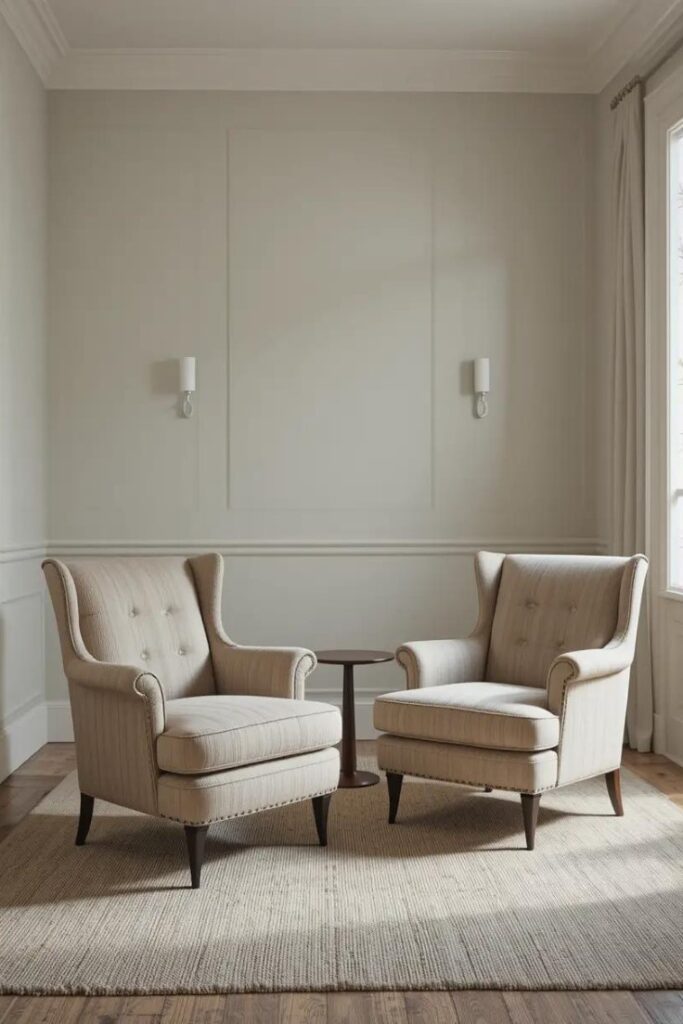 A pair of elegant slipper chairs in a small living room