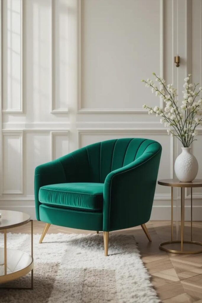 A stylish barrel accent chair with a curved back and arms in a living room.