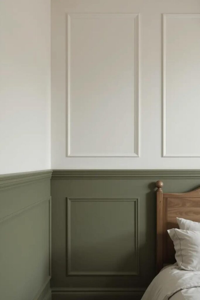 A bedroom with walls painted olive green on the bottom and soft white on top.