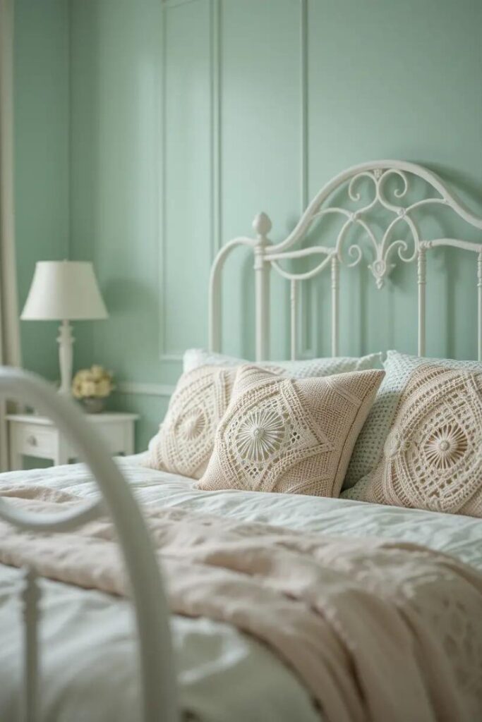 vintage-style bedroom with pale mint green walls, an antique white iron bed frame, and pastel throw pillows.
