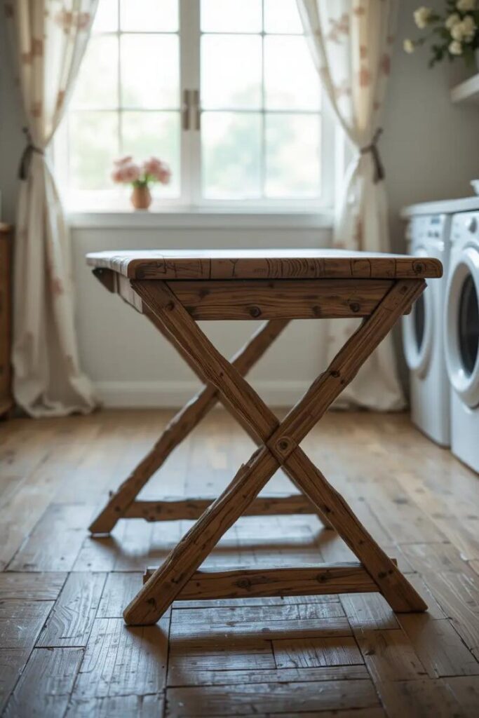  rustic folding table made from reclaimed barn wood in a laundry room.